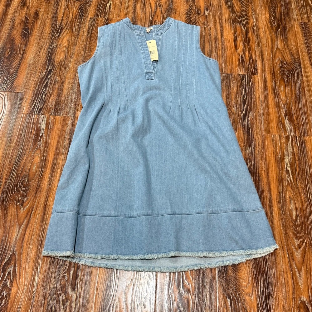 NWT Reba L Chambray Dress Womens Light Blue Sleeveless Frayed Hem Shift Dress